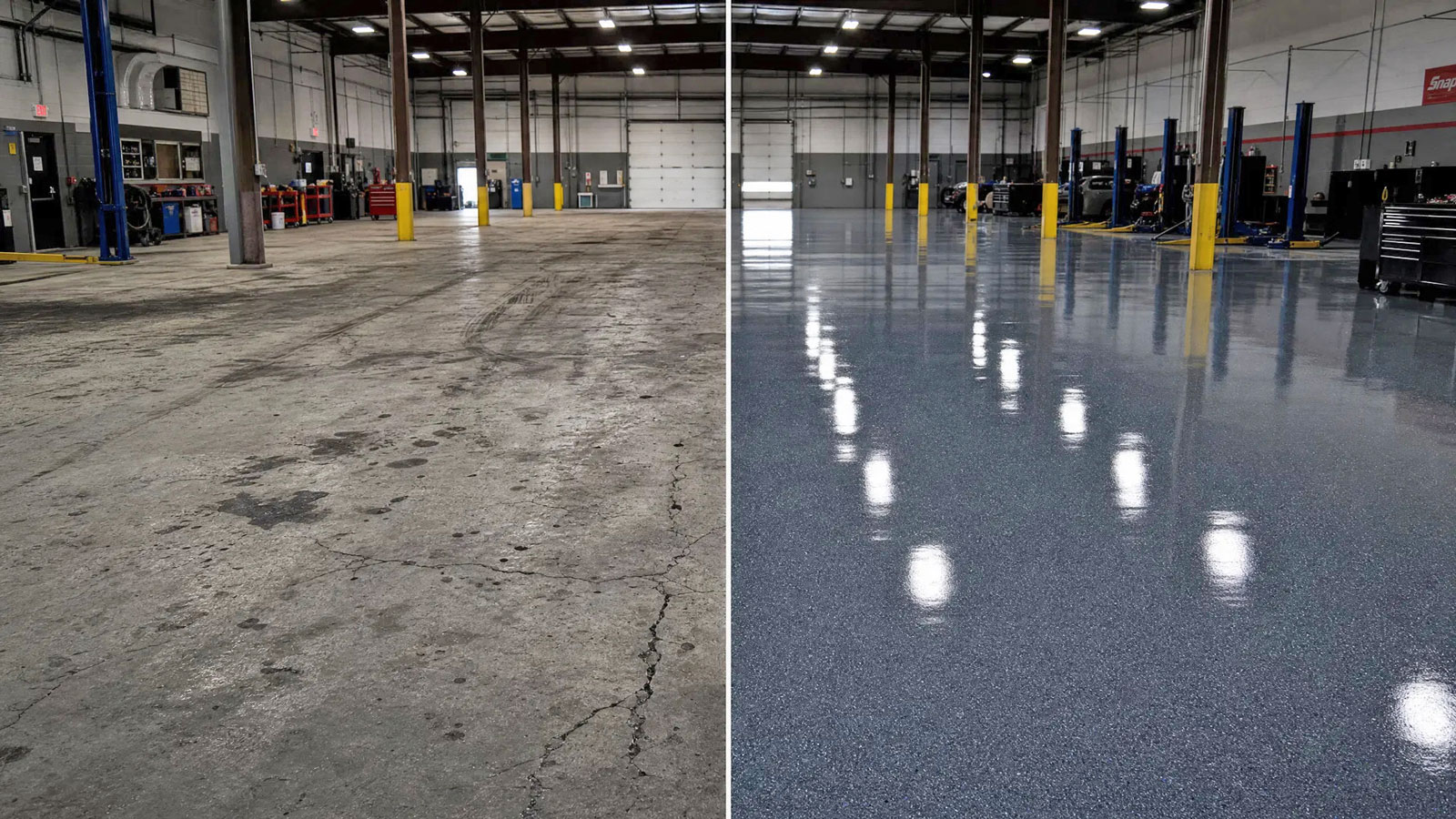 Commercial floor coating before and after